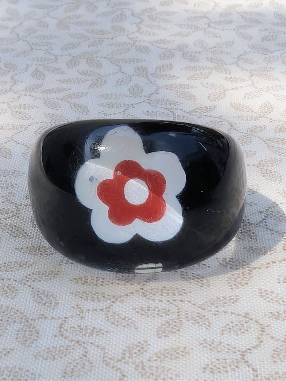 Vintage Chunky Lucite Bubble Ring with Red & White Flower, Pop Art Style